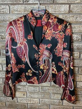 JS Collections Black Silk Paisley Floral Jacket with Rust and Gold Accents